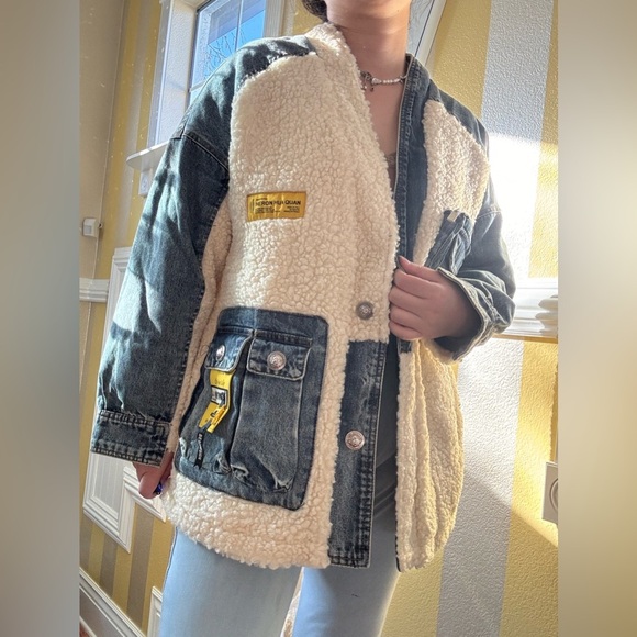Jackets & Blazers - Denim and Sherpa Jacket with Yellow Accents